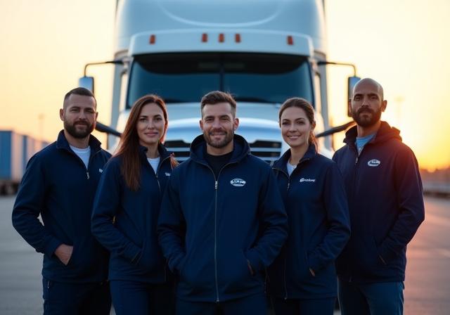 MB3 Leadership team standing professionally in front of a modern transport vehicle