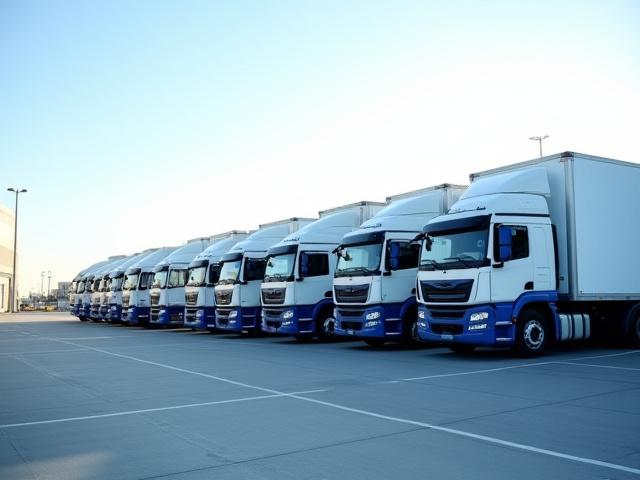 A line of modern MB3 trucks ready for departure in a professional terminal
