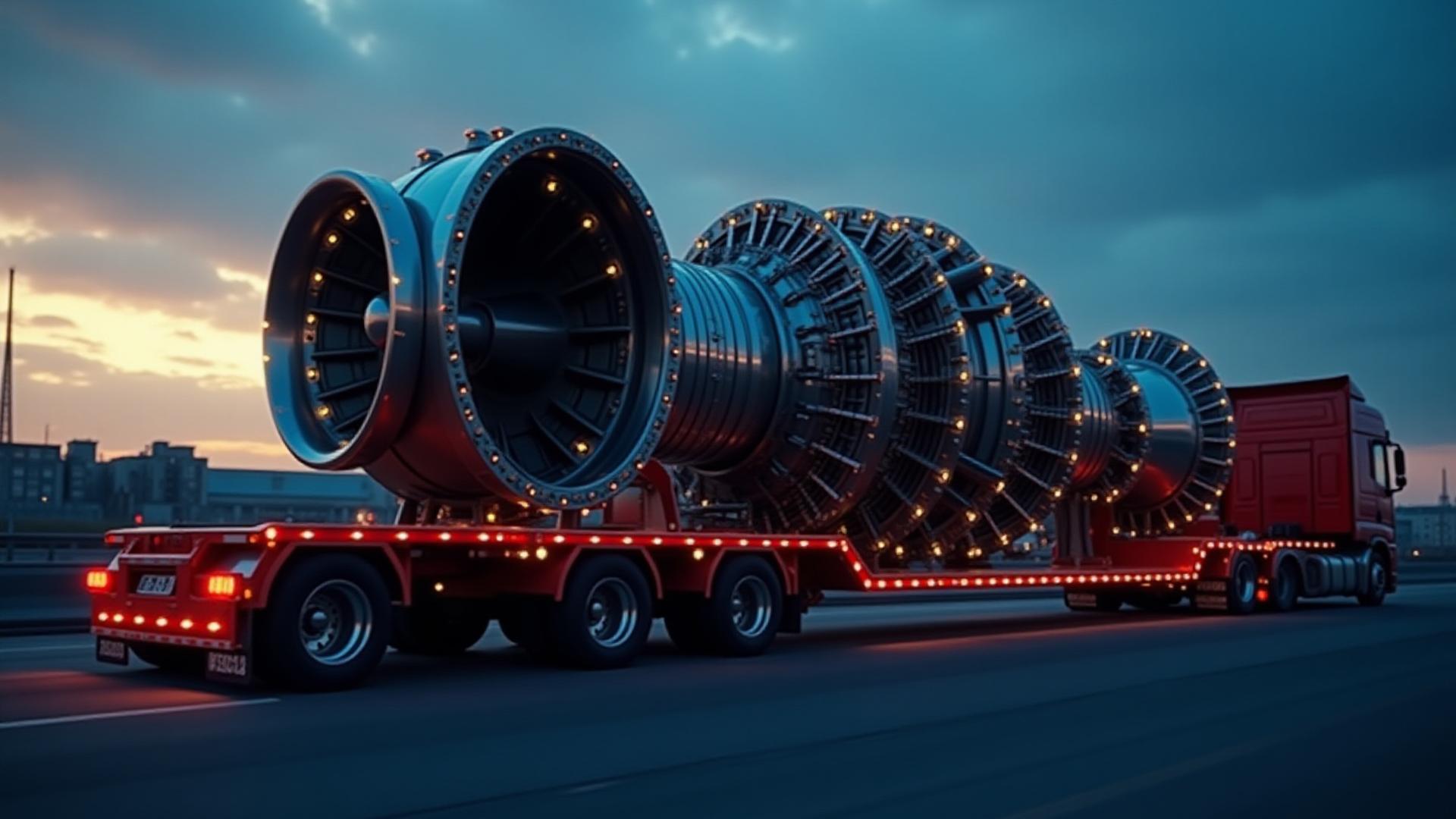 Heavy industrial turbine being transported on a multi-axle trailer
