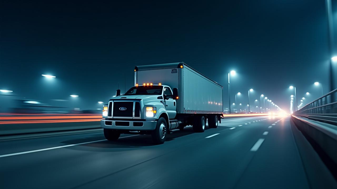 Agile Class 5 hot shot truck speeding on a highway at night