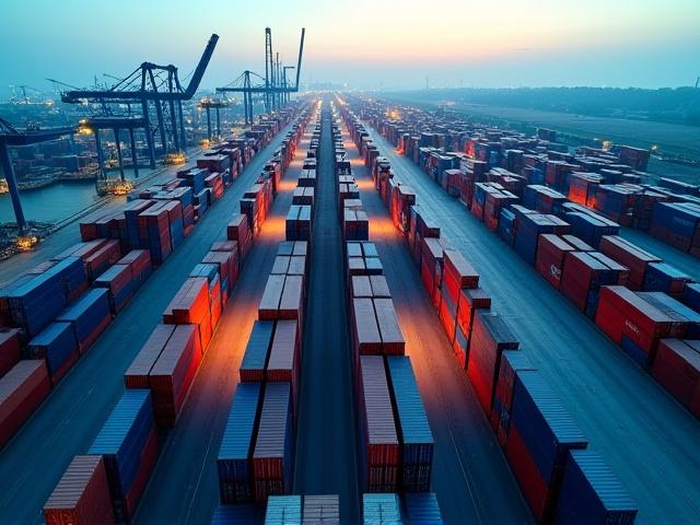 Overhead view of a busy intermodal rail yard with stacking containers and logistics precision