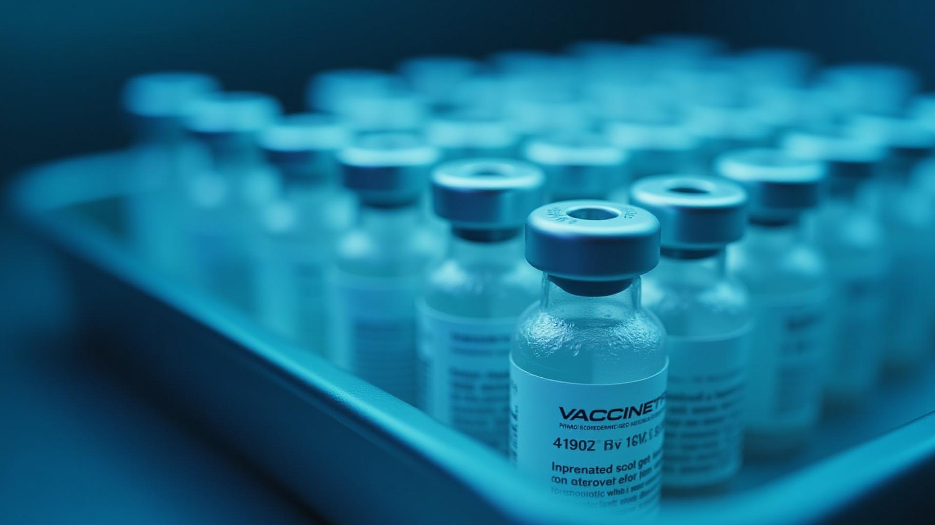 Close-up of clinical vaccine vials stored in a high-tech temperature-controlled laboratory setting